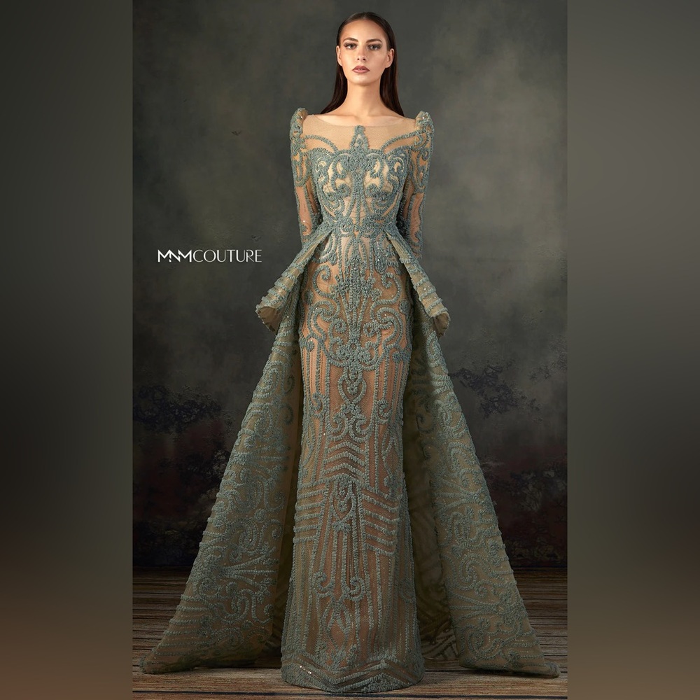 MNM Couture Seafoam Green Beaded Lace Maxi Gown with Dramatic Detachable Train